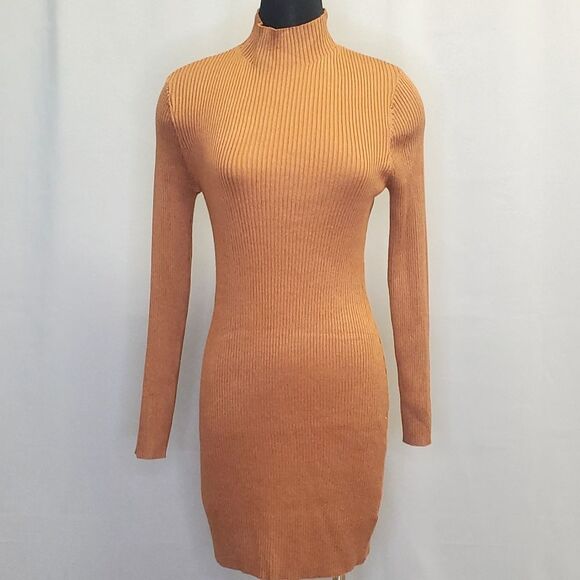Hooked Up Camel Turtle Neck Canale Knit Pencil Dress Long Sleeves Size L - Picture 6 of 8